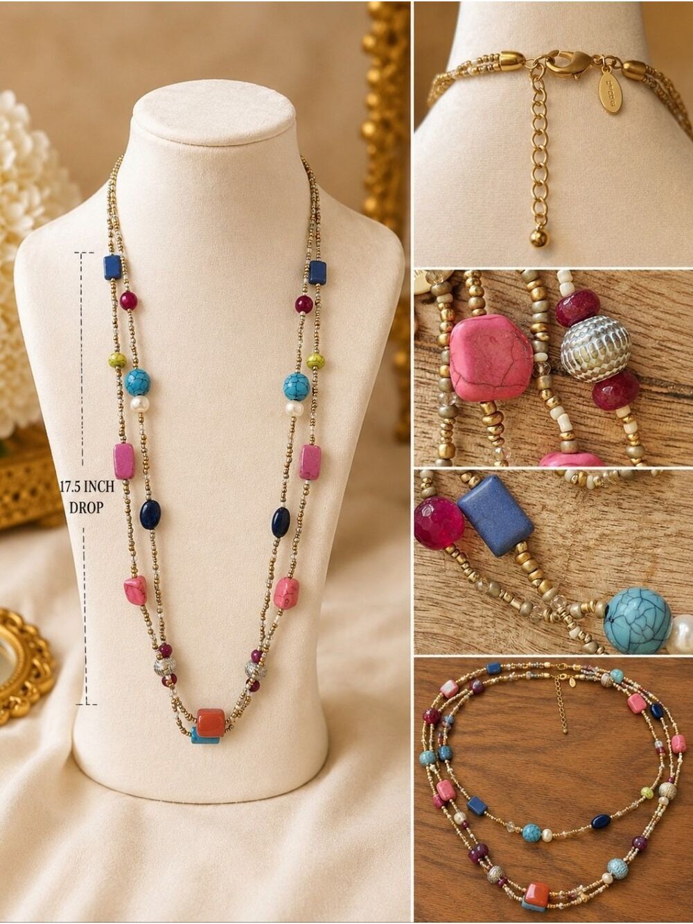 NWT CHICO'S DOUBLE STRAND MULTICOLOR BEADED GOLD TONE NECKLACE 17.5" DROP